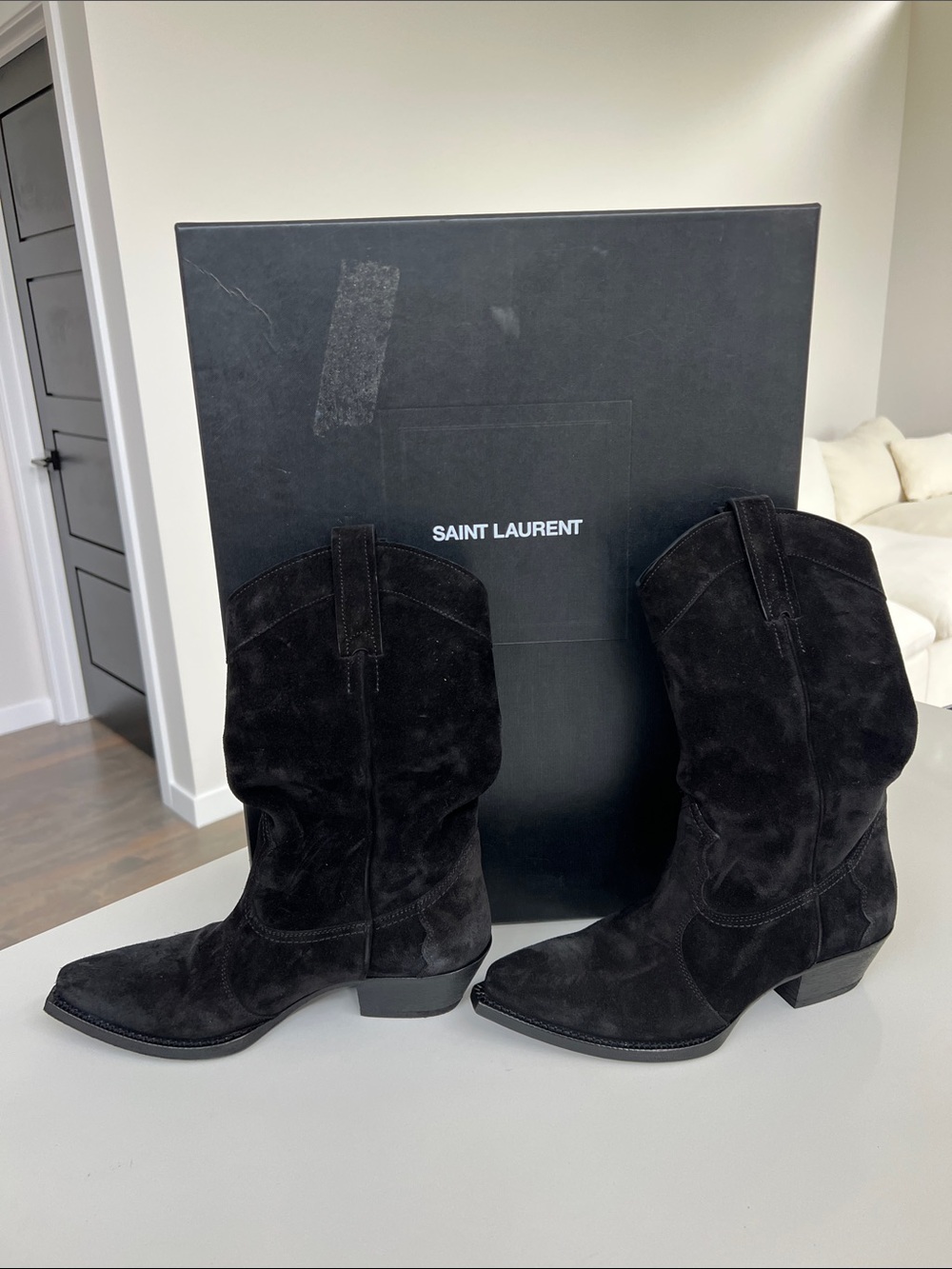 Saint Laurent lukas western black suede pointed toe cowgirl boots 37.5